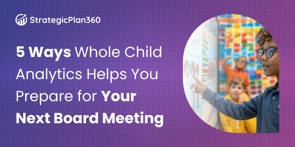 StrategicPlan360 banner showing a student pointing to charts on a classroom screen beside the title about Whole Child Analytics and board meeting preparation.