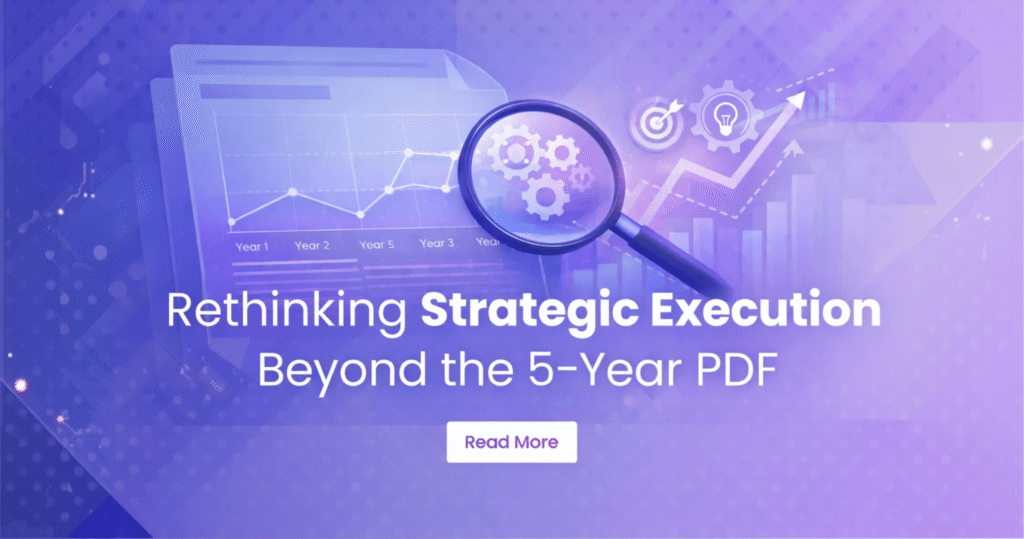 Strategic execution concept illustration showing a digital five-year planning dashboard transitioning to continuous performance monitoring with analytics, growth charts, and strategy icons, representing modern strategic execution for K–12 school districts.