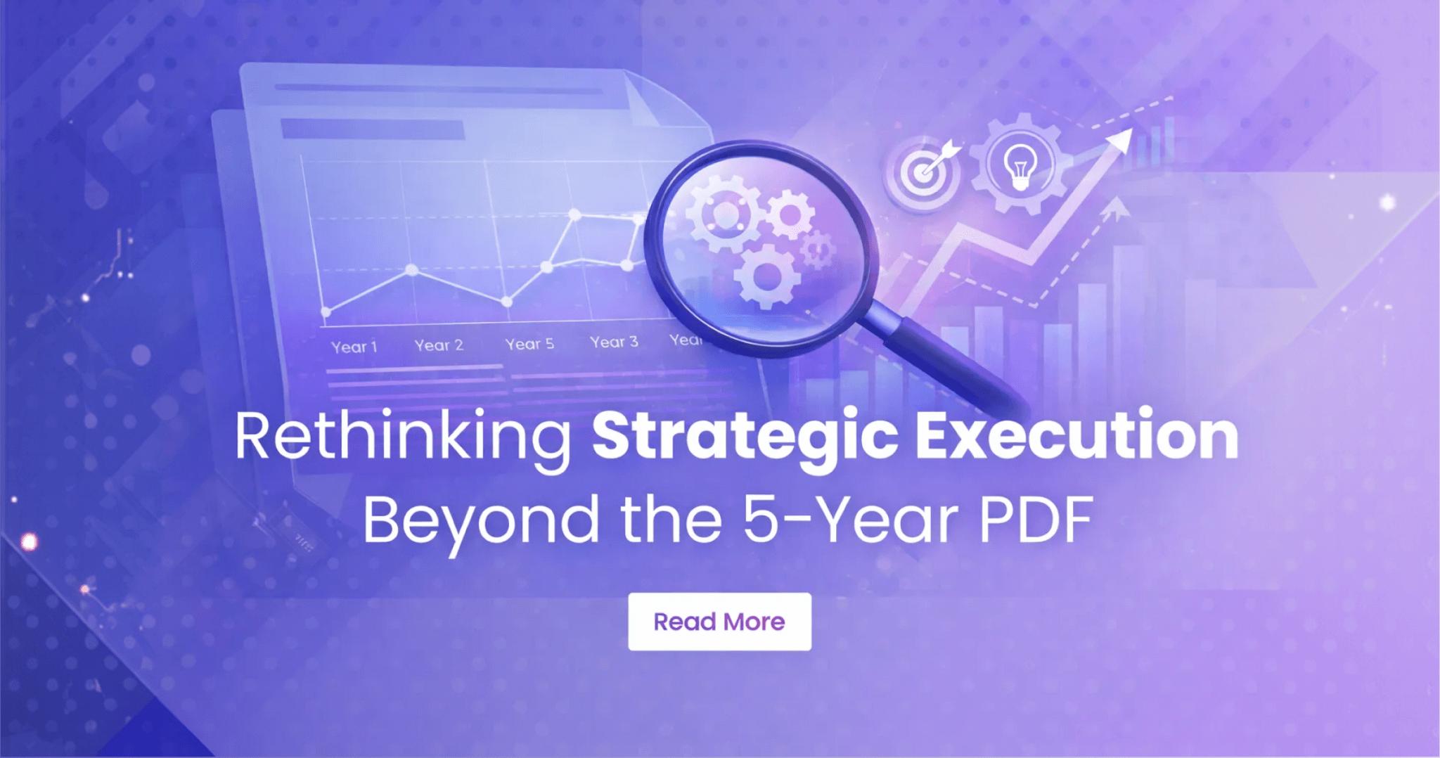 Strategic execution concept illustration showing a digital five-year planning dashboard transitioning to continuous performance monitoring with analytics, growth charts, and strategy icons, representing modern strategic execution for K–12 school districts.